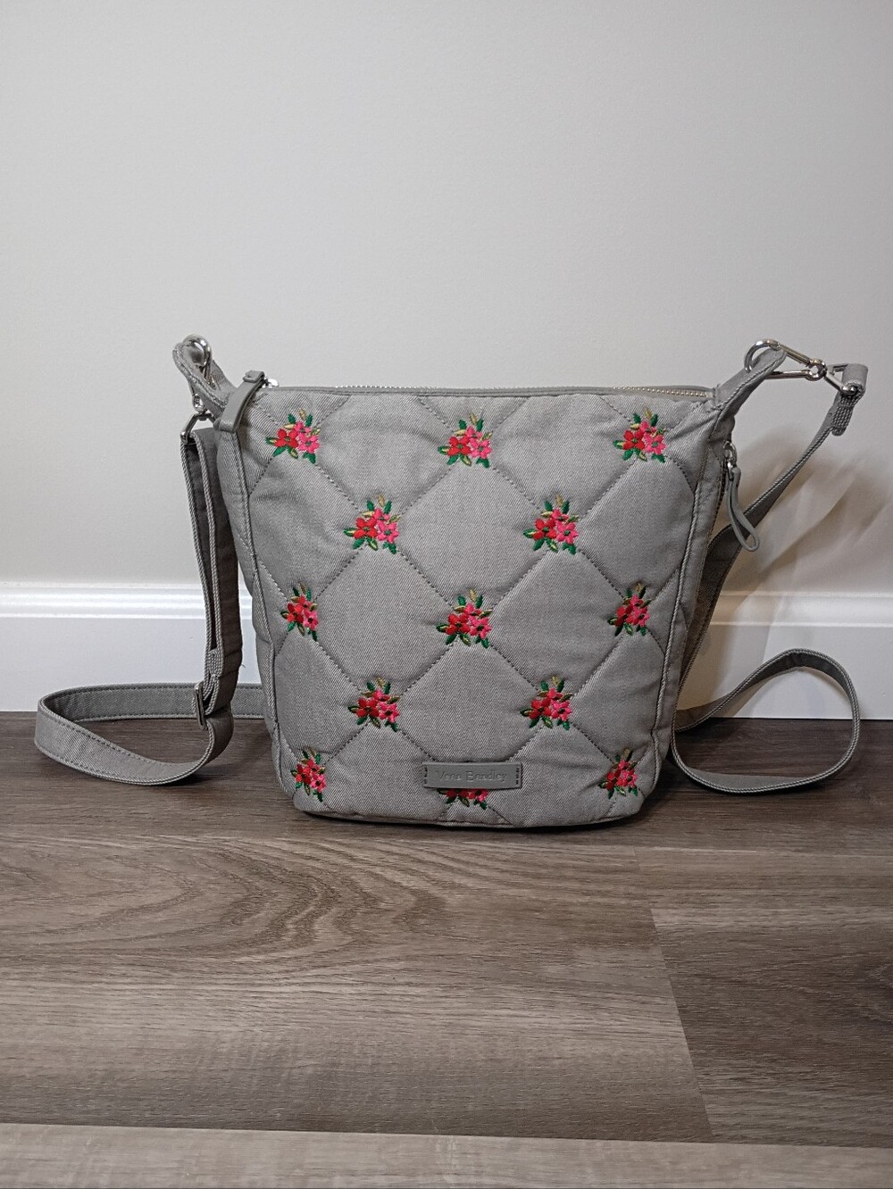 Vera Bradley Classic Grey Quilted Pink Embroidered Floral Crossbody Handbag